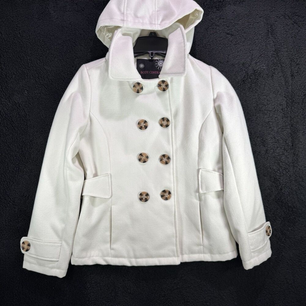 Body Central Coat Women's Large White Hooded Button Up Pea Coat Polyester Wool